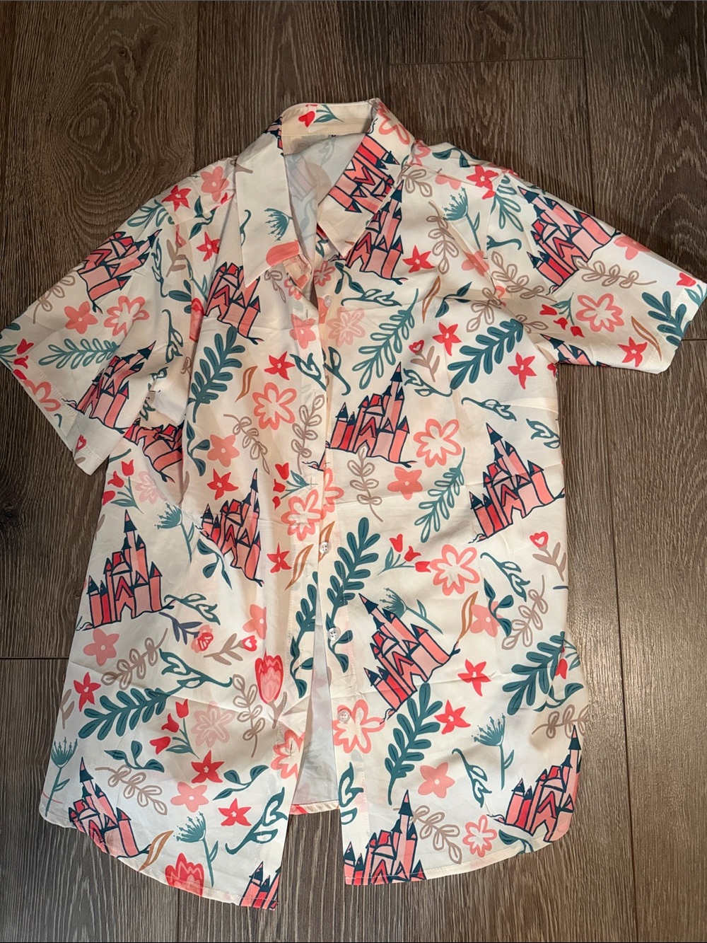 Amazon Women's Short-Sleeve Blouse - White with Pink & Teal Print